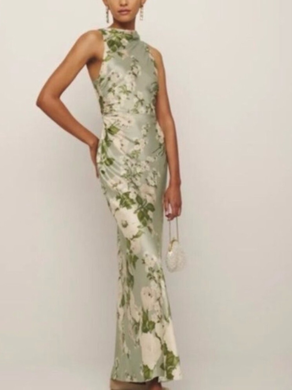 NEW Reformation Anaiis Long Silk Dress Tarragon Green Floral | size 4 - Picture 2 of 10